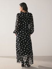 Black/White Spot Occasion Long Sleeve Wrap Midi Dress - Image 2 of 8