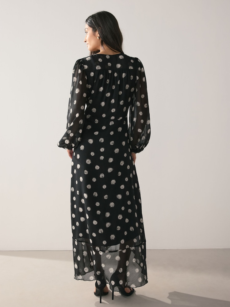 Black/White Spot Occasion Long Sleeve Wrap Midi Dress - Image 2 of 8 Black/White Spot Occasion Long Sleeve Wrap Midi Dress - Image 2 of 8