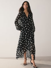 Black/White Spot Occasion Long Sleeve Wrap Midi Dress - Image 3 of 8