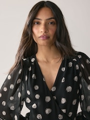 Black/White Spot Occasion Long Sleeve Wrap Midi Dress - Image 4 of 8