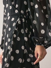 Black/White Spot Occasion Long Sleeve Wrap Midi Dress - Image 5 of 8