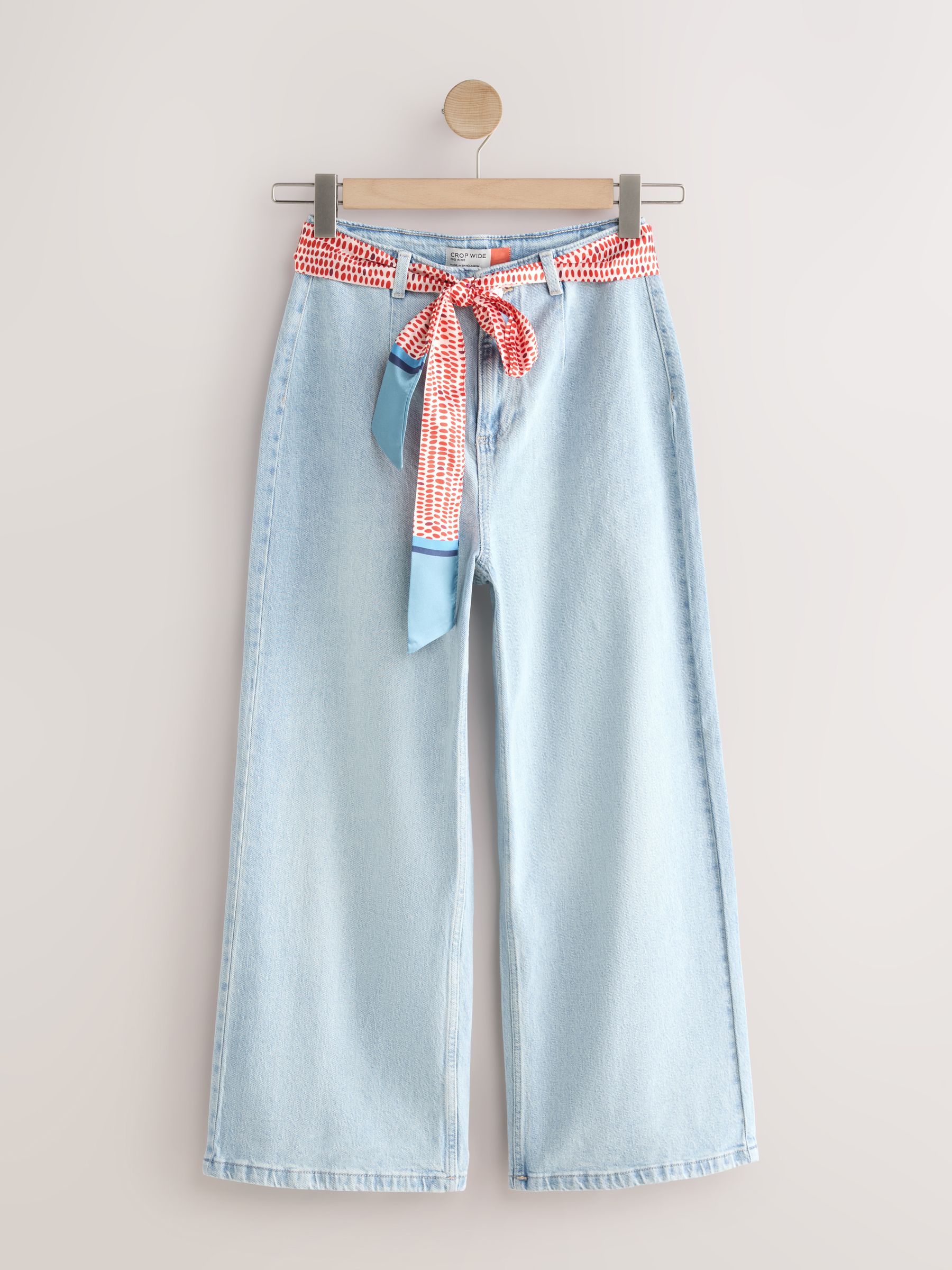 Bleach Blue Scarf Belted Wide Leg Cropped Jeans