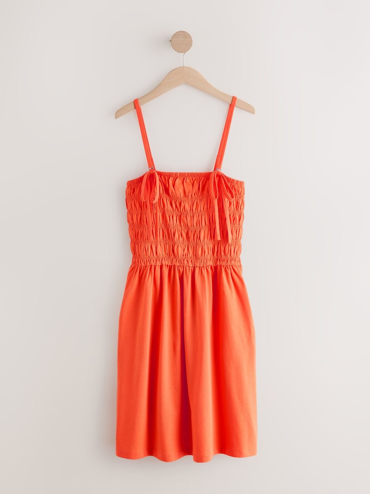 Orange Square Neck Shirred Strappy Mini Dress - Image 1 of 3