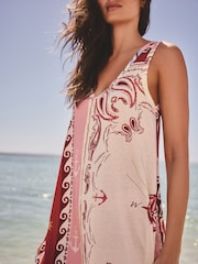 وردي مطبوع - فستان بتصميم فضفاض بلا أكمام وياقة حرف V - صورة 5 من 8