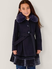 Monsoon Blue Velvet Trim Faux Fur Dress Coat - Image 1 of 3