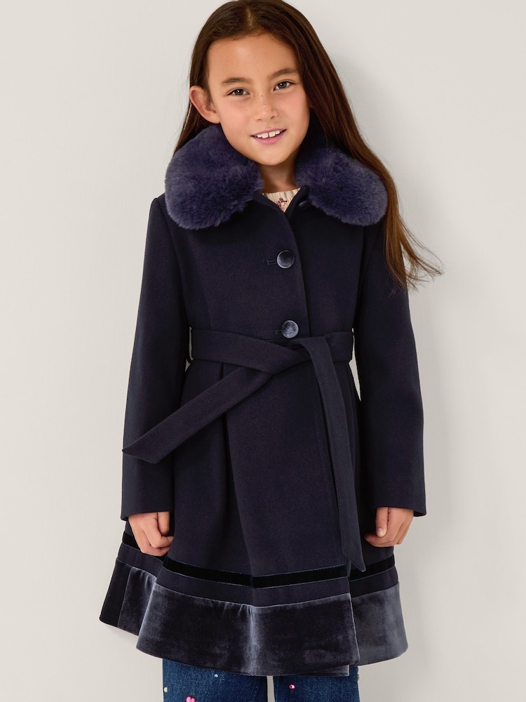 Monsoon Blue Velvet Trim Faux Fur Dress Coat - Image 1 of 3