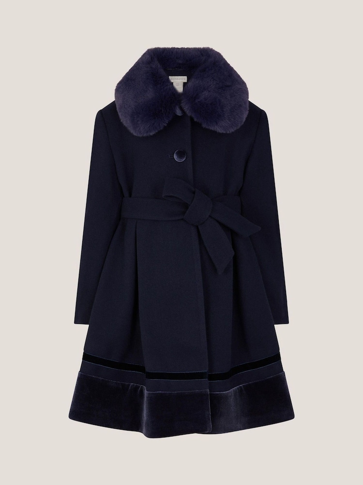 Monsoon Blue Velvet Trim Faux Fur Dress Coat - Image 2 of 3