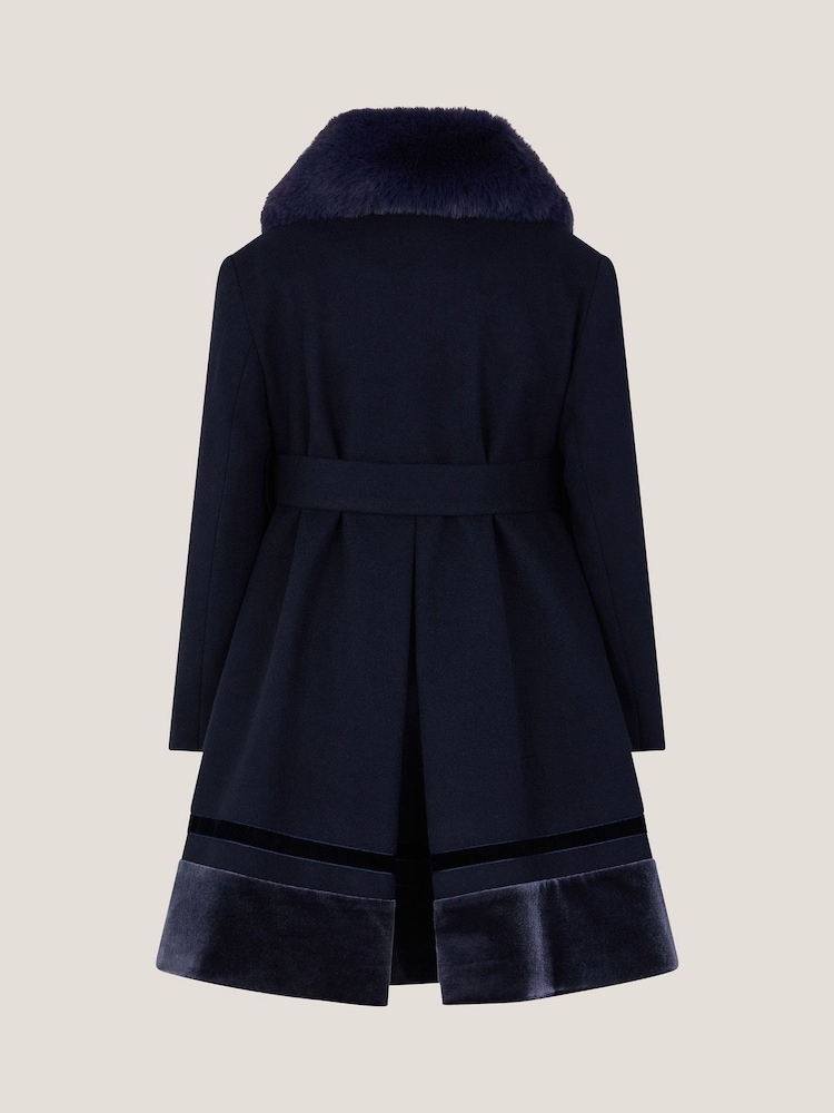 Monsoon Blue Velvet Trim Faux Fur Dress Coat - Image 3 of 3 Monsoon Blue Velvet Trim Faux Fur Dress Coat - Image 3 of 3