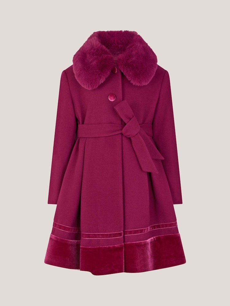 Monsoon Red Velvet Trim Faux Fur Dress Coat - Image 1 of 2 Monsoon Red Velvet Trim Faux Fur Dress Coat - Image 1 of 2