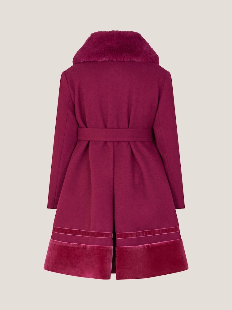 Monsoon Red Velvet Trim Faux Fur Dress Coat - Image 2 of 2 Monsoon Red Velvet Trim Faux Fur Dress Coat - Image 2 of 2