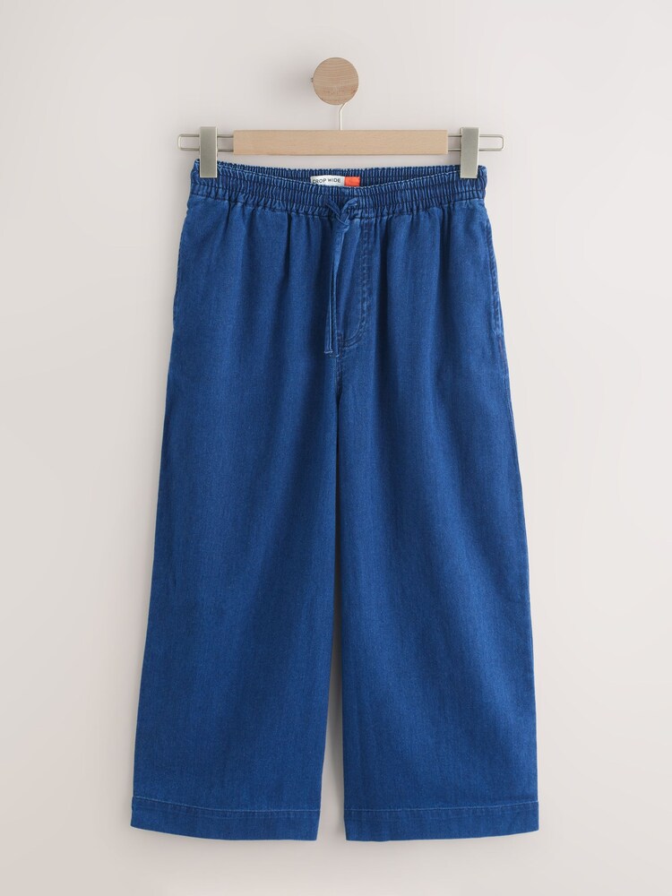 Dark Blue Pull on Lightweight Denim Wide Leg Crop Jeans - Image 1 of 6
