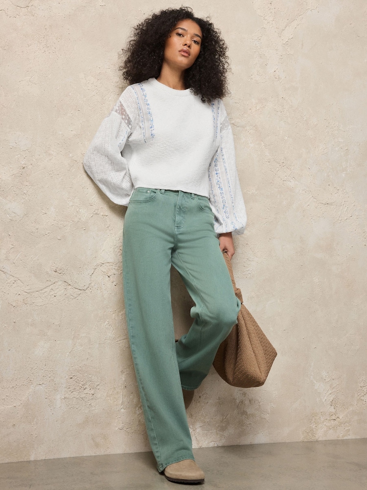 أخضر فاتح - بنطال جينز قابل للتمدد ذو رجل واسعة بخصر مرتفع - صورة 1 من 5