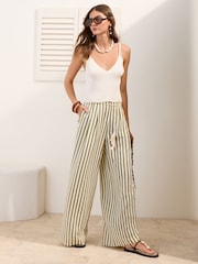 Friends Like These Green/Ecru Striped Tie Waist Palazzo Wide Leg Trousers - Image 1 of 5