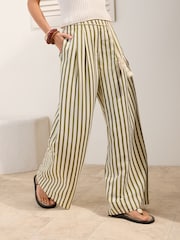 Friends Like These Green/Ecru Striped Tie Waist Palazzo Wide Leg Trousers - Image 2 of 5