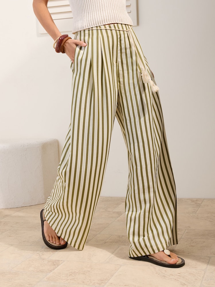 Friends Like These Green/Ecru Striped Tie Waist Palazzo Wide Leg Trousers - Image 2 of 5