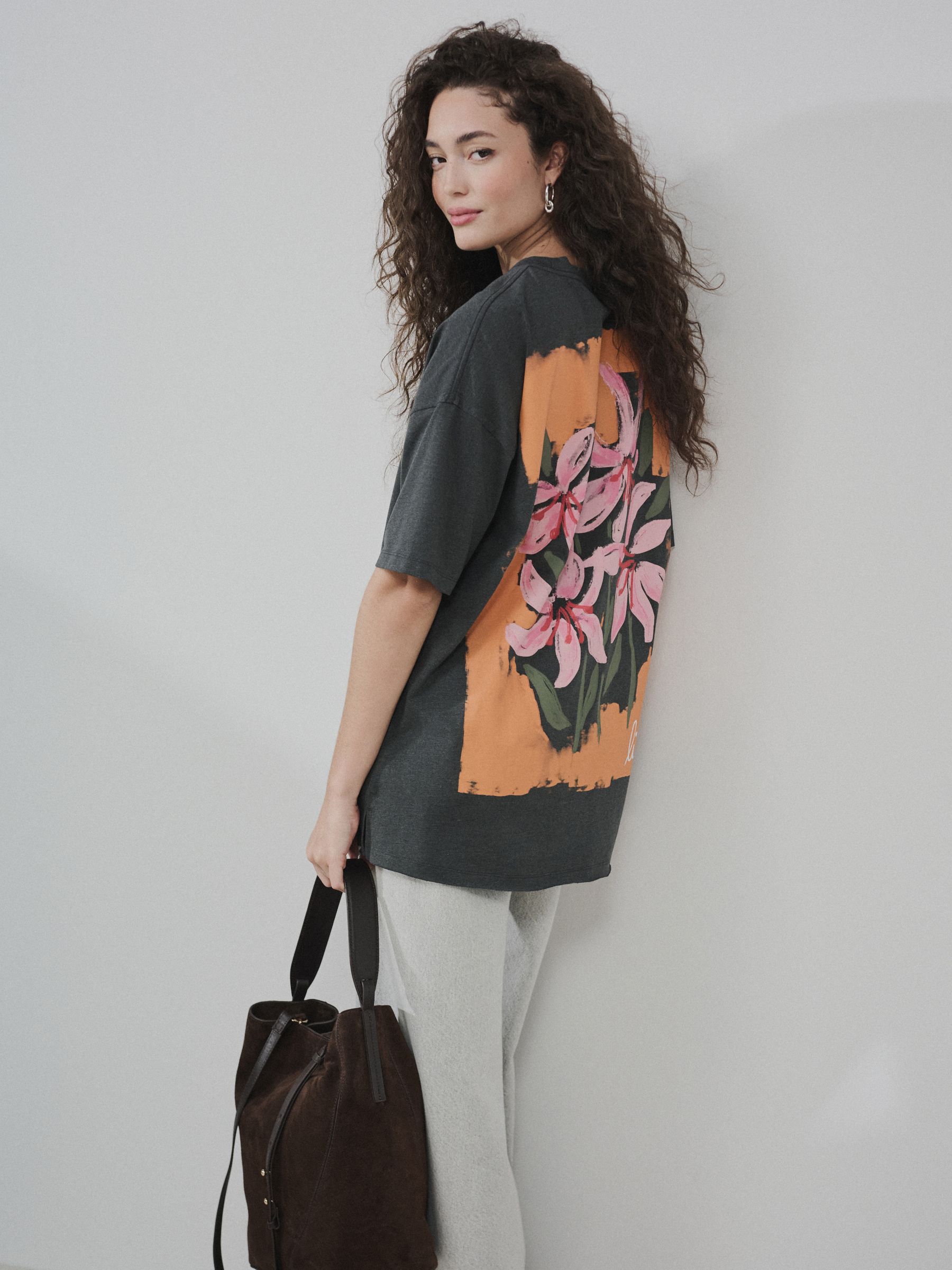 Buy Charcoal Grey Graphic Floral Short Sleeve Crew Neck T-Shirt