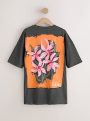 Charcoal Grey Graphic Floral Short Sleeve Crew Neck T-Shirt - Image 1 of 4
