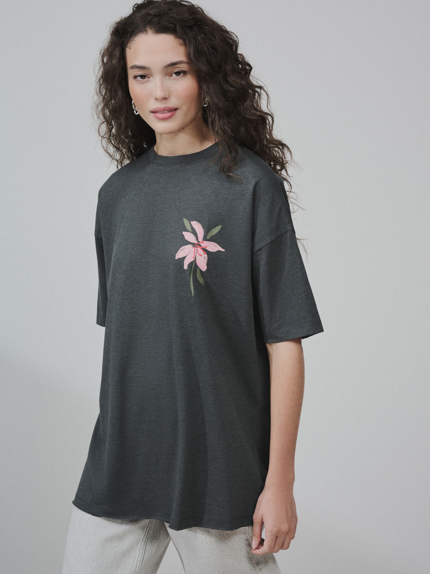 Buy Charcoal Grey Graphic Floral Short Sleeve Crew Neck T-Shirt