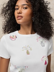 White Graphic Embroidered Ribbed Crew Neck T-Shirt - Image 1 of 8