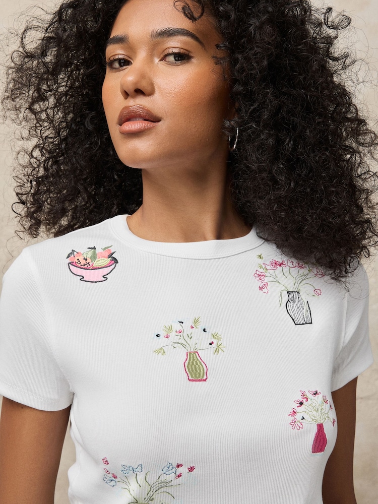 White Graphic Embroidered Ribbed Crew Neck T-Shirt - Image 1 of 8