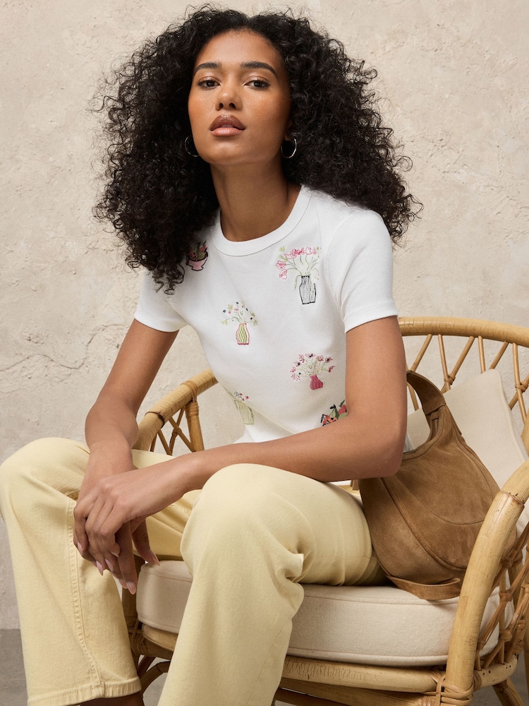 White Graphic Embroidered Ribbed Crew Neck T-Shirt - Image 2 of 8