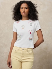 White Graphic Embroidered Ribbed Crew Neck T-Shirt - Image 3 of 8