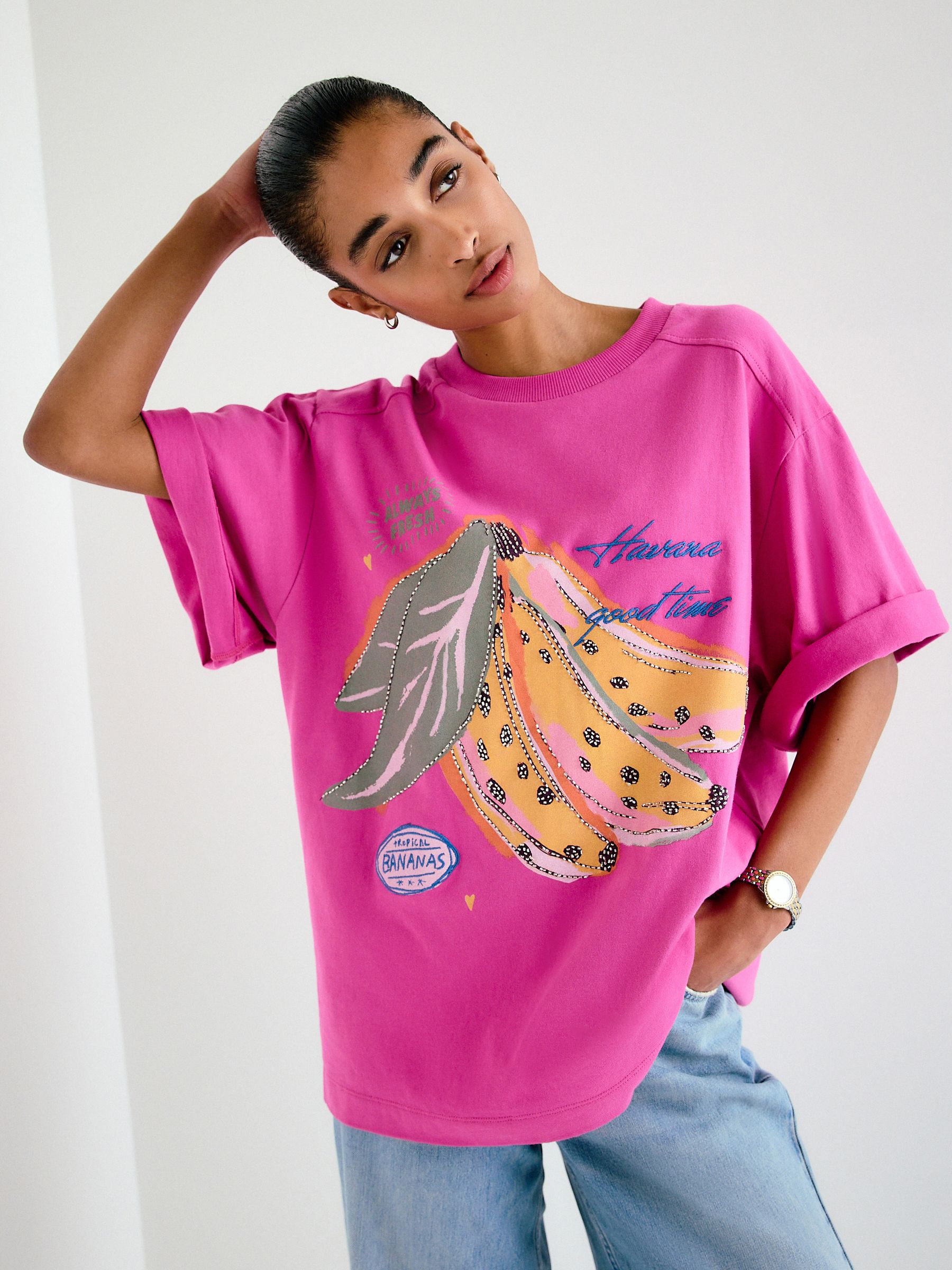 Buy Pink Beaded Banana Graphic Short Sleeve Crew Neck T-Shirt from