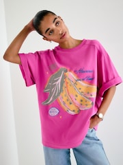 Pink Beaded Banana Graphic Short Sleeve Crew Neck T-Shirt - Image 1 of 5