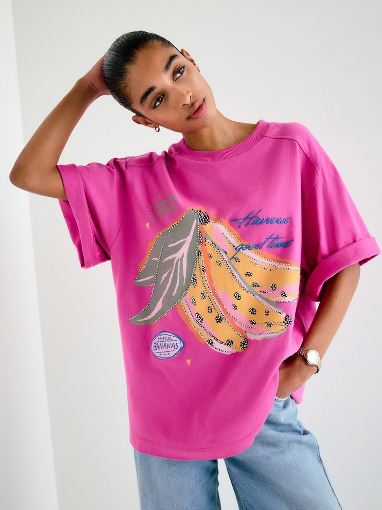 Pink Beaded Banana Graphic Short Sleeve Crew Neck T-Shirt - Image 1 of 5