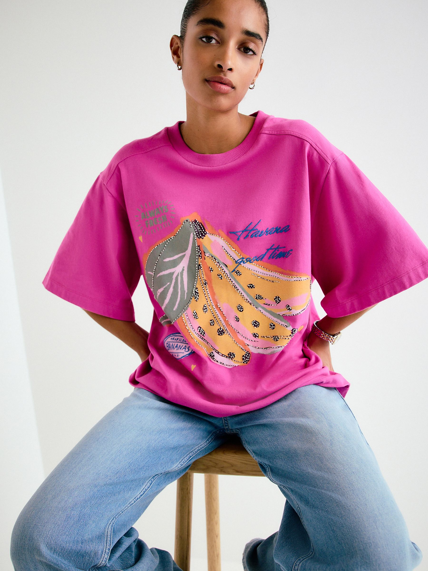 Buy Pink Beaded Banana Graphic Short Sleeve Crew Neck T-Shirt from