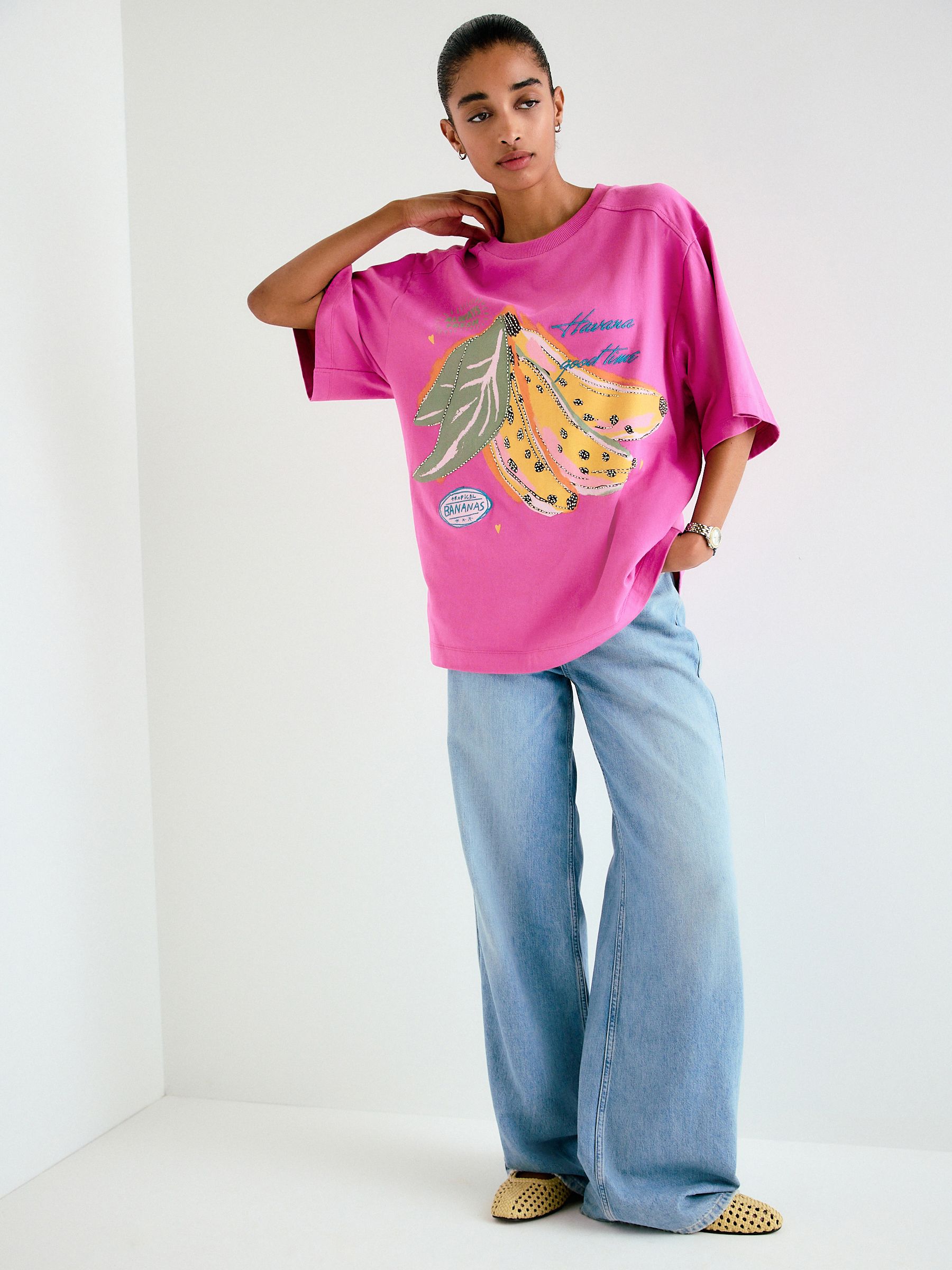 Buy Pink Beaded Banana Graphic Short Sleeve Crew Neck T-Shirt from