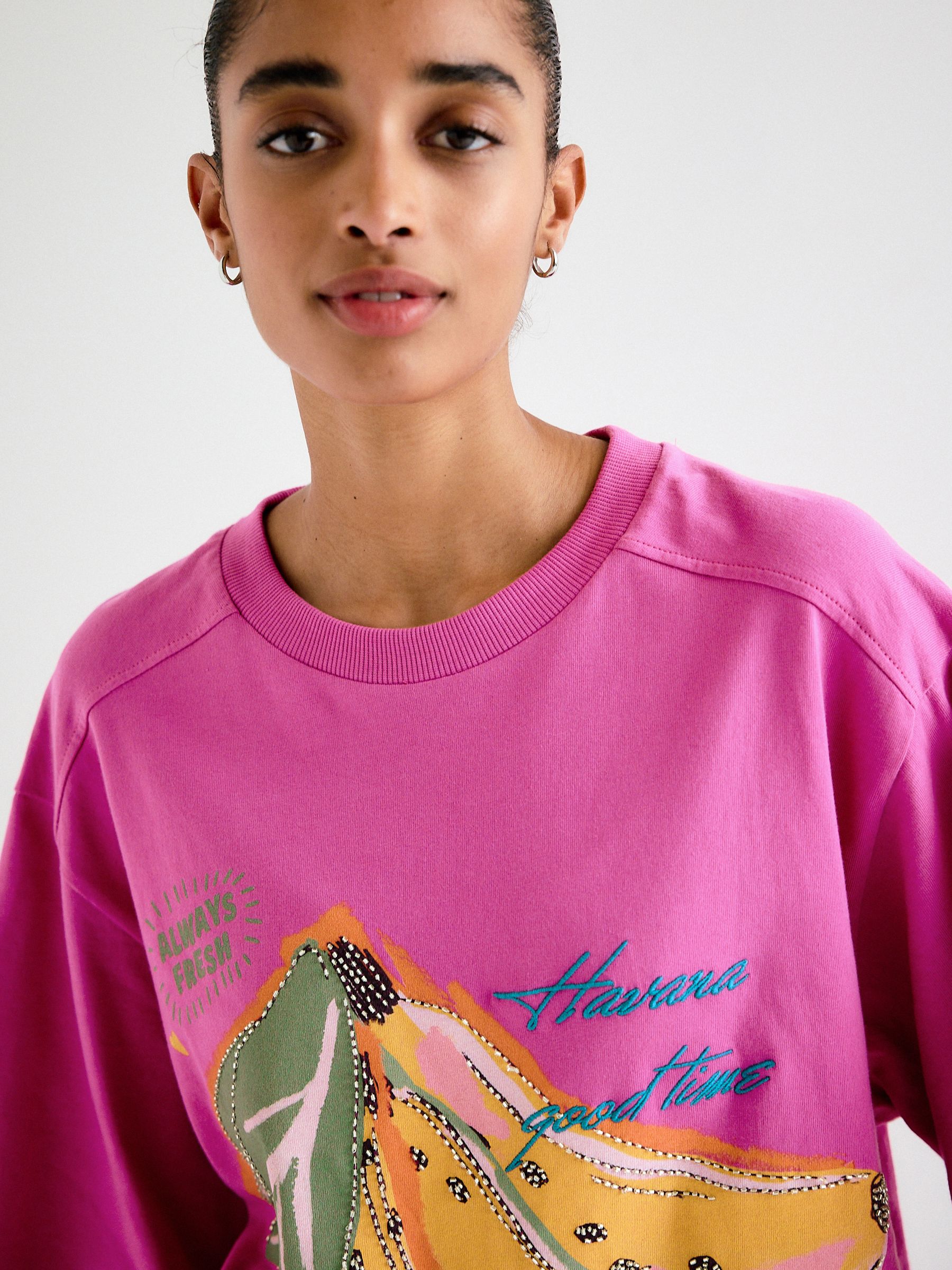 Buy Pink Beaded Banana Graphic Short Sleeve Crew Neck T-Shirt from