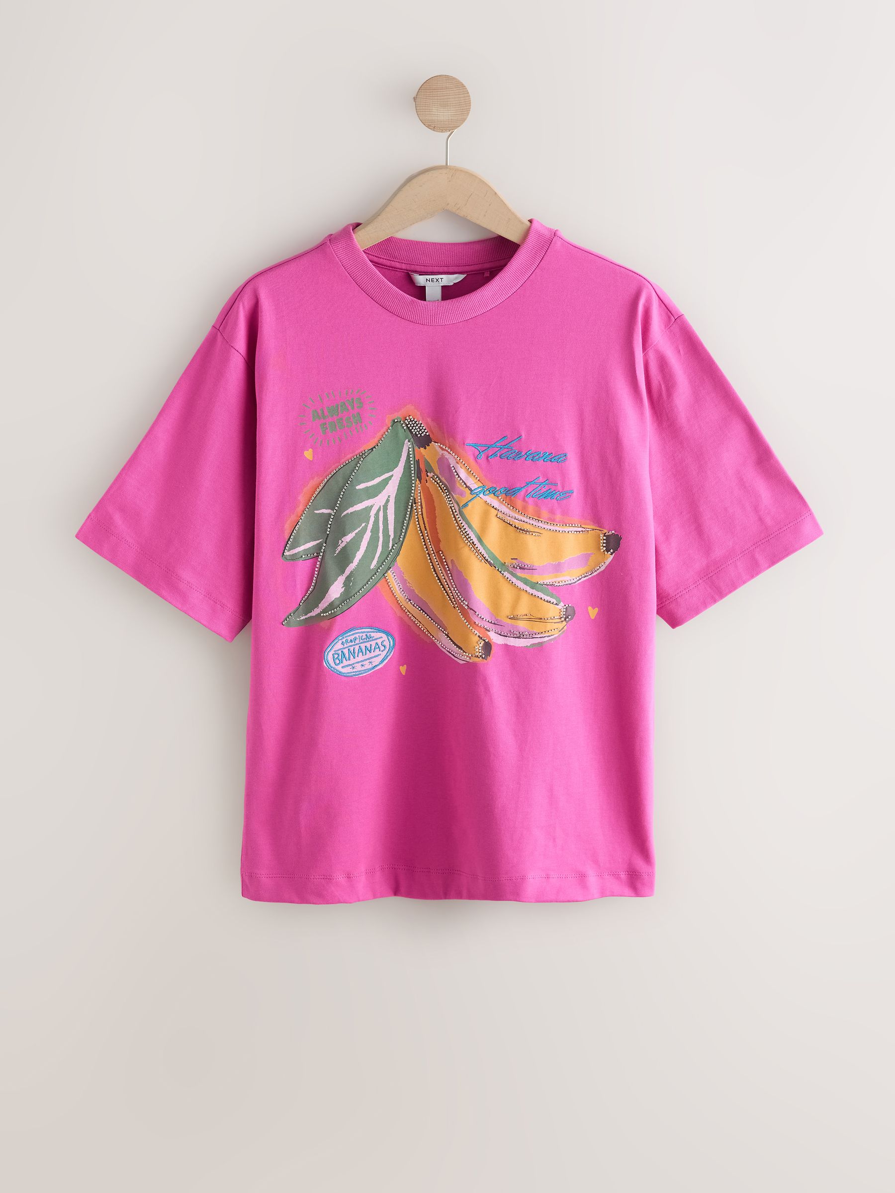 Buy Pink Beaded Banana Graphic Short Sleeve Crew Neck T-Shirt from