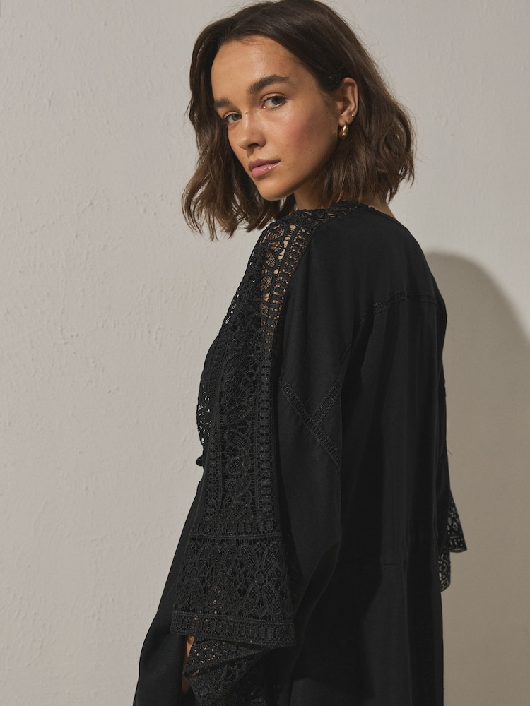 Black Tie Front Crochet Detail Kaftan Cover-Up - Image 3 of 3