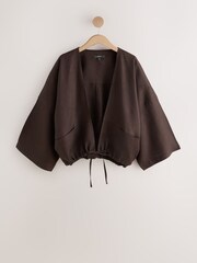 Schokoladenbraun - Tie Front Linen Bomber Jacket - Bild 1 von 3