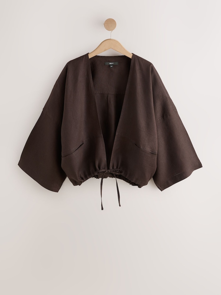 Schokoladenbraun - Tie Front Linen Bomber Jacket - Bild 1 von 3
