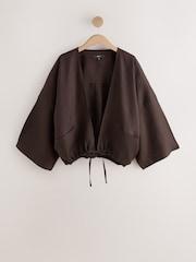 Шоколадно-коричневий - Tie Front Linen Bomber Jacket - Image 6 of 8