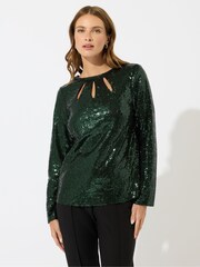 M&Co Green Sequin 3 Slash Neck Top - Image 1 of 5