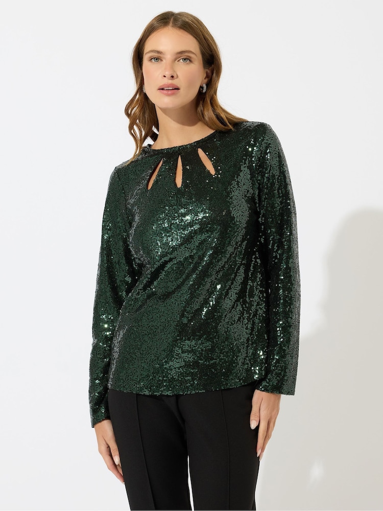 M&Co Green Sequin 3 Slash Neck Top - Image 1 of 5