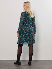 Yours Curve Blue Short Mesh Balooon Sleeve Dress - Image 2 of 5