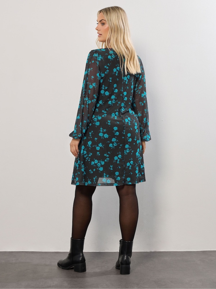 Yours Curve Blue Short Mesh Balooon Sleeve Dress - Image 2 of 5