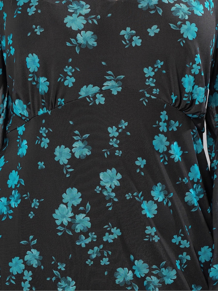 Yours Curve Blue Short Mesh Balooon Sleeve Dress - Image 5 of 5