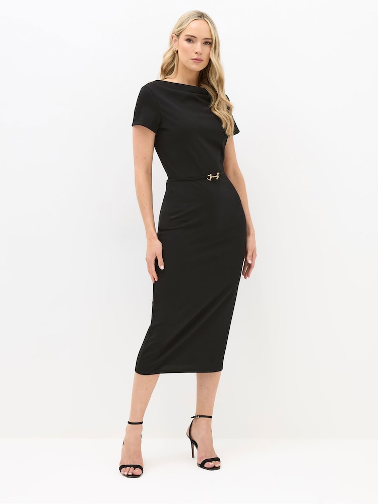 Long Tall Sally Black Belted Slash Neck Dress - Image 1 of 5 Long Tall Sally Black Belted Slash Neck Dress - Image 1 of 5