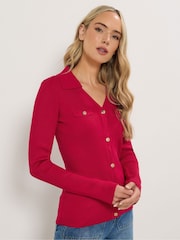 Long Tall Sally Red Button Detail Collar Ribbed Jumper - Image 1 of 5