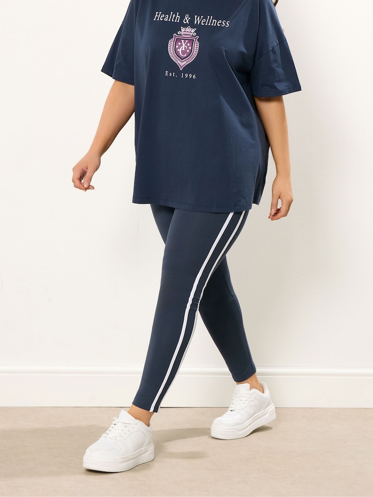 Yours Curve Blue Side Stripe Leggings - Image 1 of 5