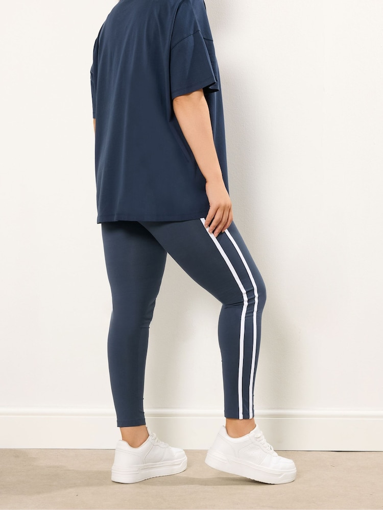 Yours Curve Blue Side Stripe Leggings - Image 2 of 5