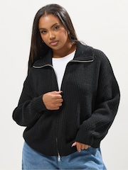 Yours Curve Black Bomber Funnel Neck Collar Jumper - Image 1 of 5