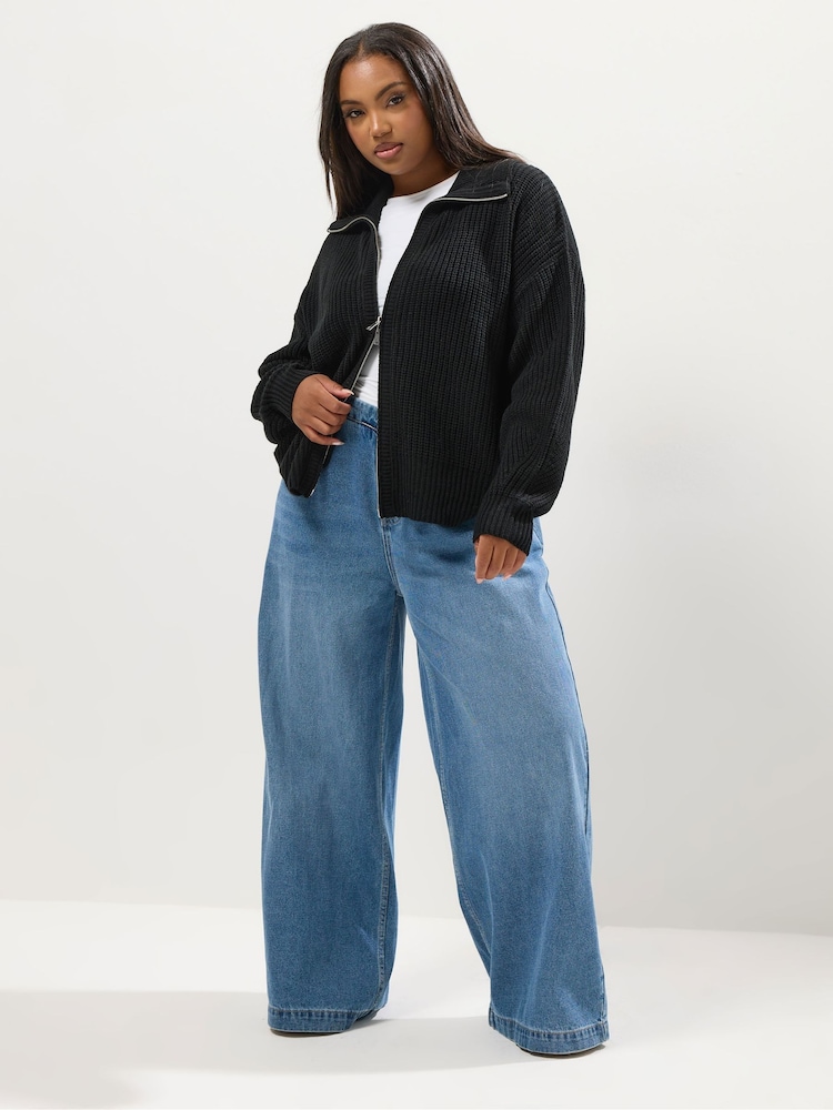 Yours Curve Black Bomber Funnel Neck Collar Jumper - Image 2 of 5