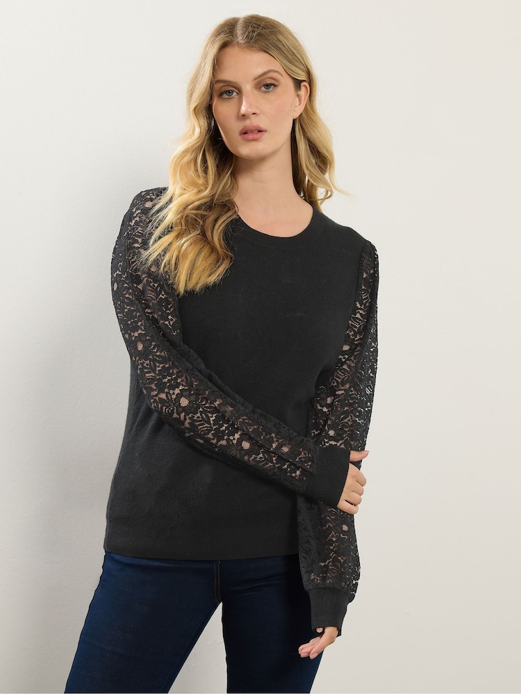 Long Tall Sally Black Lace Sleeve Jumper - Image 1 of 5