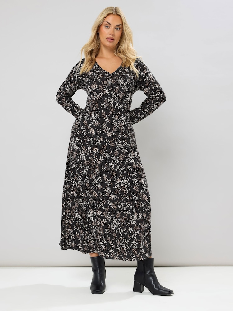Yours Curve Black Henley Ribbed Swing Maxi Dress - Image 1 of 5